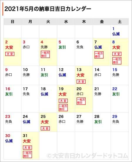 21年5月 車の納車日に縁起のいい吉日 大安カレンダードットコムのブログ